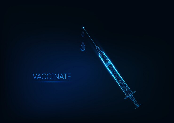 Vector futuristic glowing low polygonal syringe with vaccine medication and drops