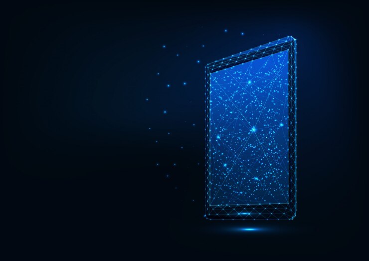 Vector futuristic glowing low polygonal tablet isolated on dark blue background.