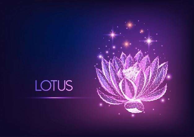 Vector futuristic glowing low polygonal waterlily, lotus flower on dark blue to purple gradient.