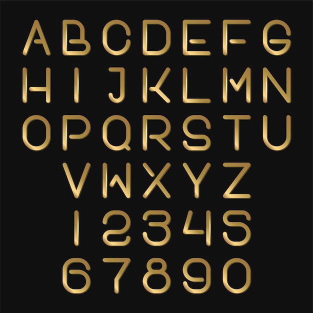 Vettore carattere di alfabeto dorato futuristico. numeri e lettere abc sottili. vettore