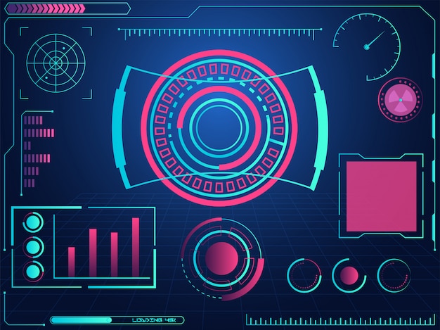 Futuristic graphic user interface hud and radar screens on blue grid background.