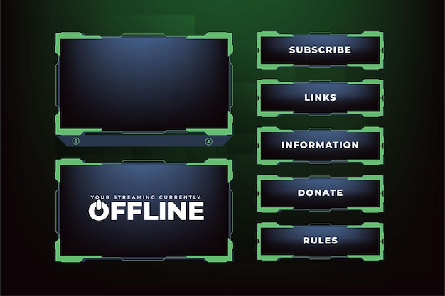 Vector futuristic green gaming overlay decoration for online gamers live stream overlay vector with offline screen section and colorful buttons live streaming overlay design for screen panels