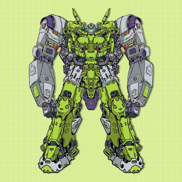Футуристический зеленый гигантский меха-робот, построенный с помощью иллюстрации оружия головы, руки, тела, ноги, премиум-вектор