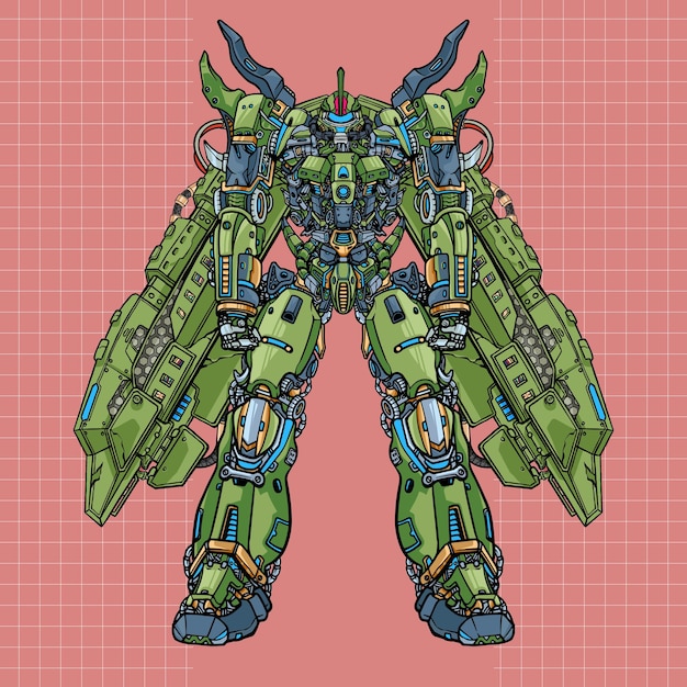 Futuristic green mecha robot builded by head arm body leg weapon illustration premium vector