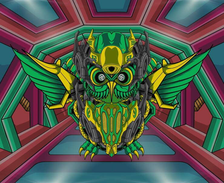 Vector futuristic green owl mecha illustration