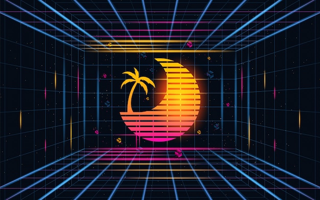 Vector futuristic grid sunset with coconut tree abstracts.future theme concept background