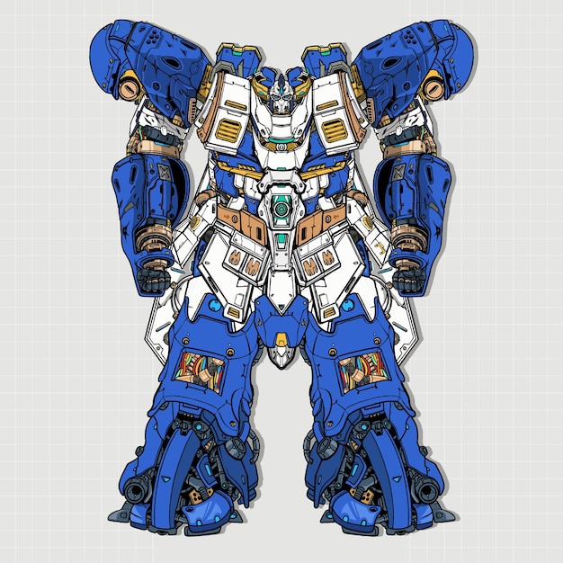 Vector futuristic gunpla blue mecha robot builded by head arm body leg weapon illustration premium vector