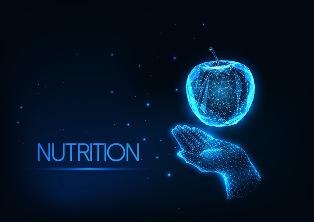 Futuristic healthy diet, nutrition concept with glowing low polygonal human hand holding apple