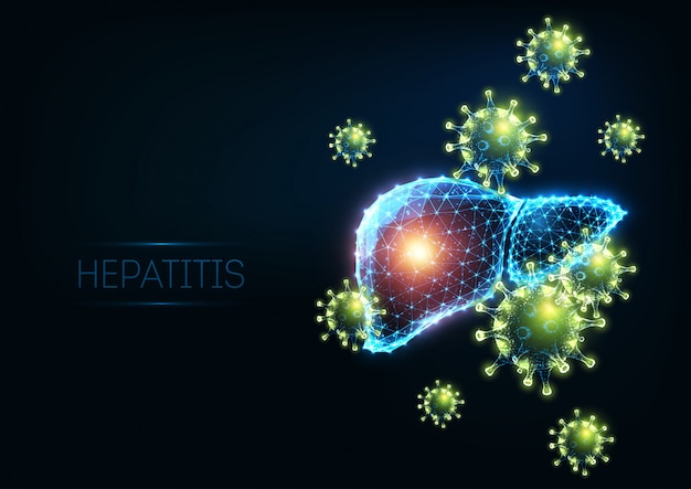 Futuristic hepatitis infectious disease concept with glowing low polygonal human liver with virus cells