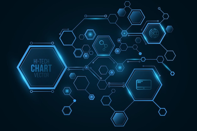 あなたのデザインの輝く六角形のフレームからのアイコンと未来のハイテック グラフ デジタル サイファイ ダイアグラム ベクトル図
