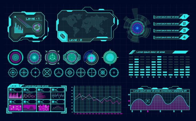 미래의 홀로그램 Ui. Infographic 그래프 인터페이스, 가상 Hud 프레임 및 디지털 바 레 귤 레이 터, 과학 홀로그램 버튼 아이콘. 차트 및 패널, 첨단 사이버 개념을 갖춘 미래의 대시 보드