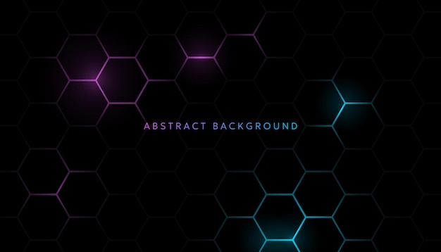 Futuristic honeycomb pattern with neon blue and purple hexagons on black