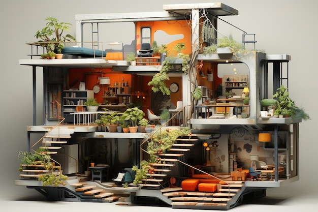 Vettore casa futuristica costruita nella giungla, nella foresta pluviale, con un'architettura futura