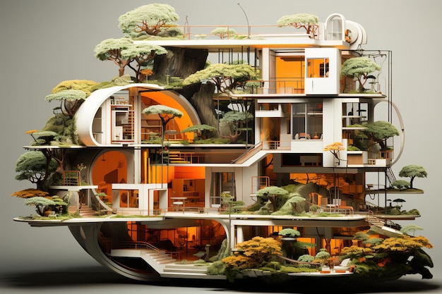 Vector futuristic house built in the jungle rainforest jungle future architecture house design