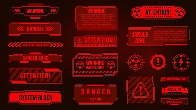 Futuristic hud danger zone and alert caution screens warning and attention red hologram frames and signs cyber interface alarm vector set of alert safety button illustration