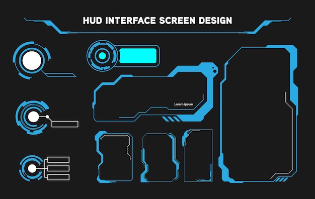 미래 지향적인 Hud 인터페이스 화면 디자인. 디지털 콜아웃 제목. Hud Ui Gui 미래형 사용자 인터페이스 화면 요소 집합입니다. 비디오 게임용 하이테크 화면입니다. 공상 과학 개념 디자인입니다.