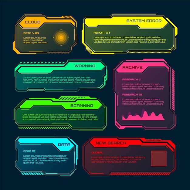 미래의 hud 또는 ui 요소 scifi 사용자 인터페이스 텍스트 상자 callouts 다채로운 경고 메시지