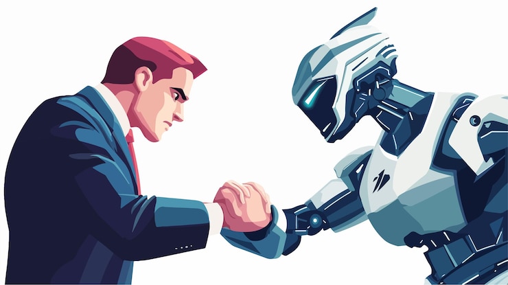 Vector futuristic human businessman versus robot technology concept image