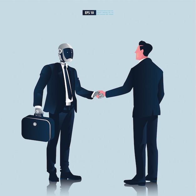 Futuristic humanoid business people with artificial intelligence technology concept. businessman and robot hand shake negotiation illustration