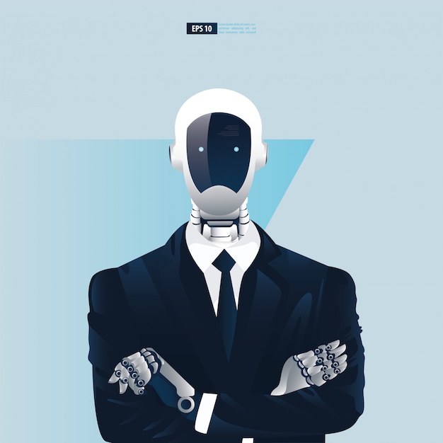 Futuristic humanoid business people with Artificial Intelligence technology concept.  Robot office workers illustration