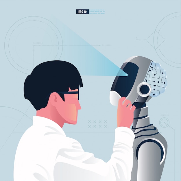 Futuristic humanoid with artificial intelligence technology concept. a scientist is assembling a robot illustration