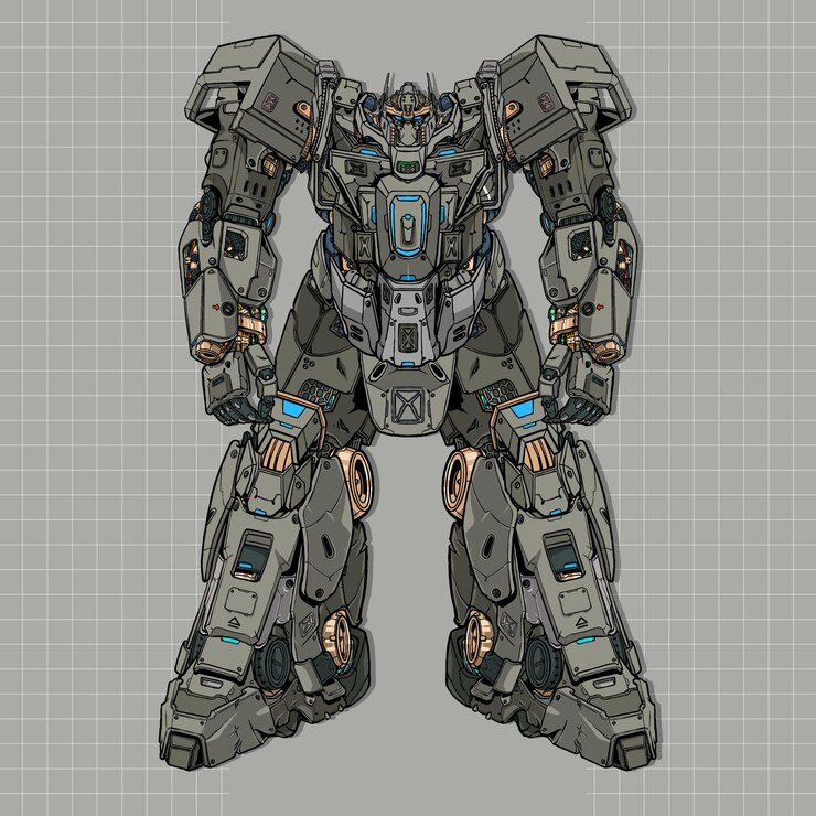 Vector futuristic hunter giant mecha robot builded by head arm body leg weapon illustration premium vector