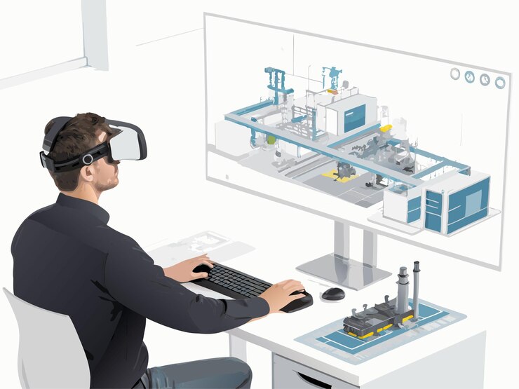 Vector futuristic industrial engineer using arvr for smart factory design digital twin amp industry 40 c