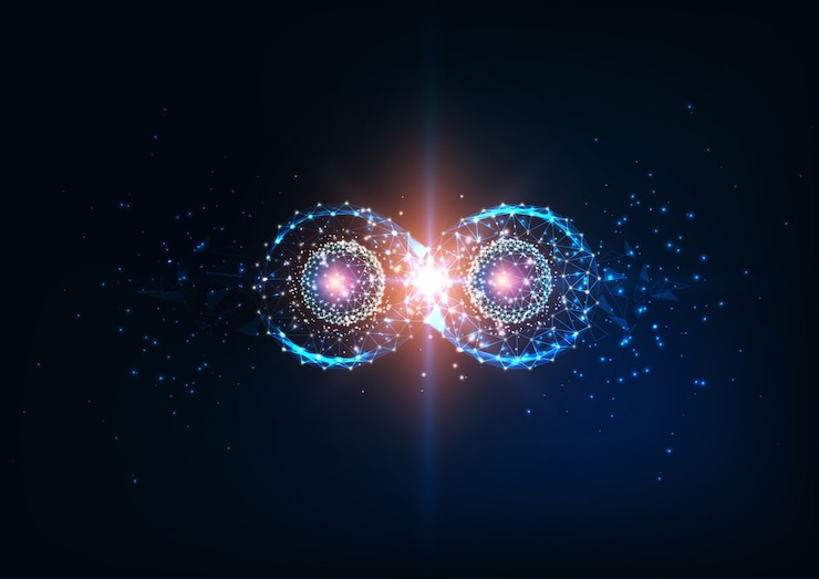 Vector futuristic infinity symbol, quantum entanglement, future physics science concept.
