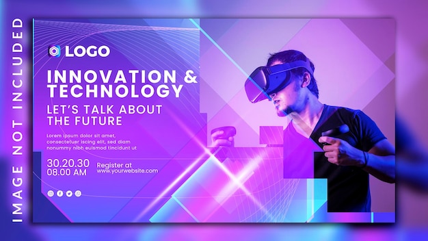 Webinar futuristico sull'innovazione tecnologia virtuale e design del banner della futura tecnologia al neon con una foto di un uomo