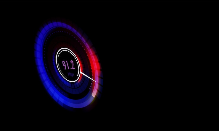 Vector futuristic internet speed meter dial web connection network or information download speed vector indicator internet bandwidth wifi signal strength test app display web speed vector design