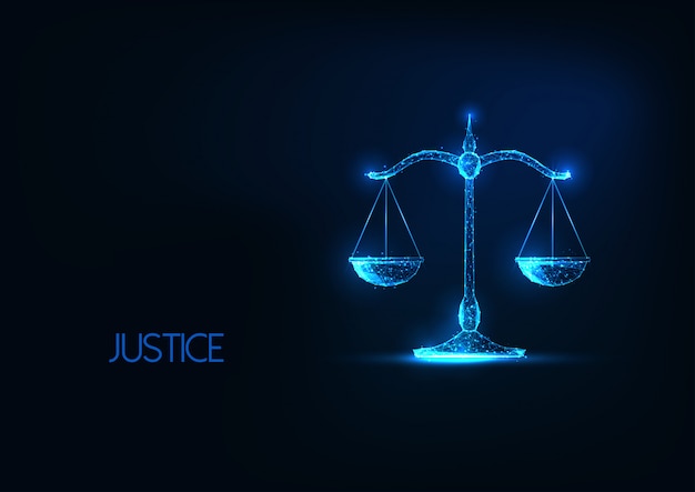 Futuristic justice illustration, law judgement concept with glowing low polygonal balance scales.