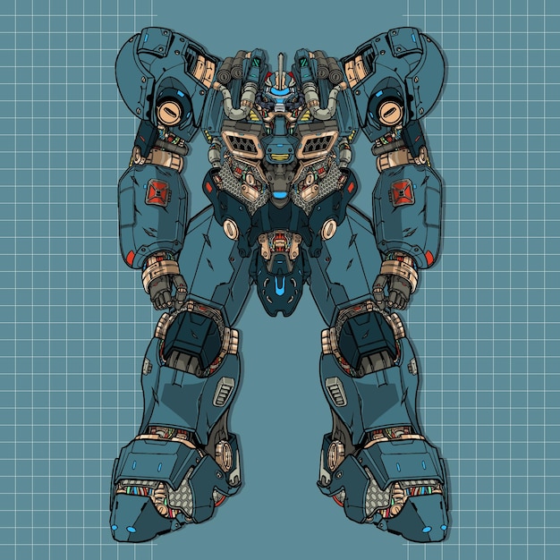 Futuristic king giant mecha robot builded by head arm body leg weapon illustration premium vector