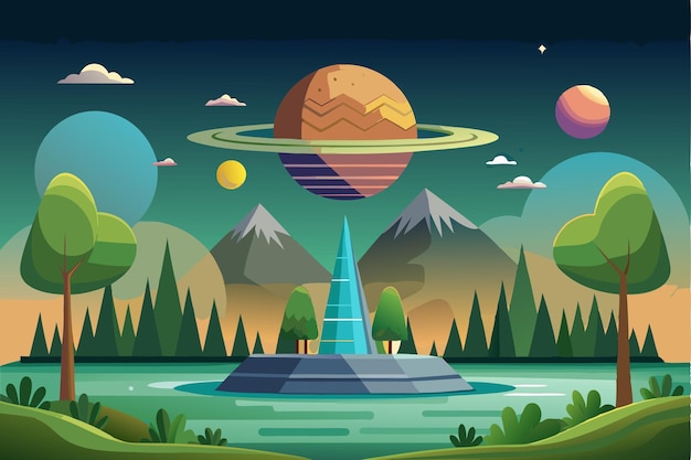 futuristic landscape with a ringed planet and a tall blue tower
