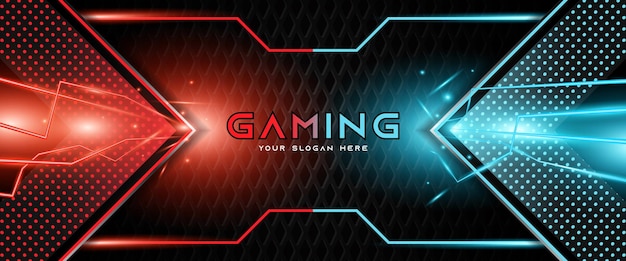 Modello di banner di social media intestazione di gioco futuristico rosso chiaro e blu