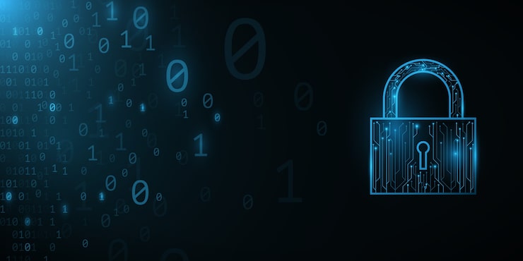 Vector futuristic lock from circuit computer board with binary code background. hi-tech modern design. programming banner. world network. high technology template.  