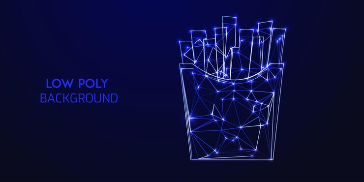 Vector futuristic low poly digital wireframe illustration of french fries in a container with neon blue glo
