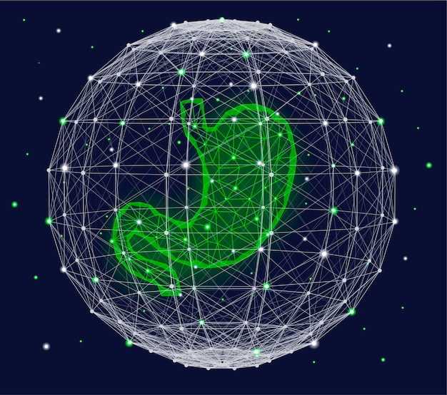 Вектор Футуристическая медицинская концепция с зеленым человеческим органом желудка и сферой сплетения.