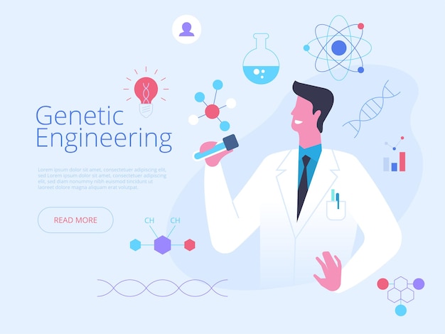 Futuristic medicine advertising poster layout Happy genetic engineer illustration with text space