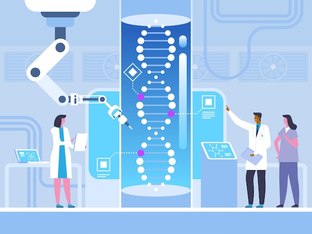 Futuristic medicine, biotechnology, genetic engineering human genome study, laboratory experiment