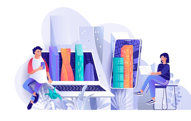 Vector futuristic megapolis flat design concept illustration of people characters