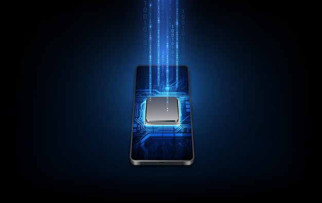 電話機のバックライトが青色の未来的なマイクロチッププロセッサ。量子電話、ビッグデータ処理、データベースの概念。ベクトルイラスト。
