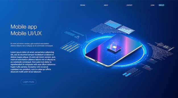 Futuristic microchip processor with backlight on the phone in blue. Quantum phone Processor the ISO banner.Digital chip.Modern cpu,great design for any purposes