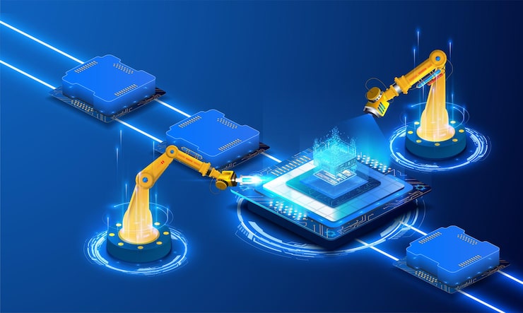 Vector 파란색 배경의 미래형 마이크로칩 프로세서. 마이크로칩 또는 마이크로프로세서 하드웨어 엔지니어링의 전자 장치 기술 개발자. 양자 컴퓨터 빅 데이터 처리