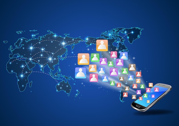 futuristic mobile phone vector illustration with holographic world map and social media icons