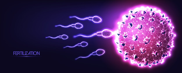 Futuristic natural fertilization concept with glowing low polygonal human sperm and egg cells on dark blue to purple background.