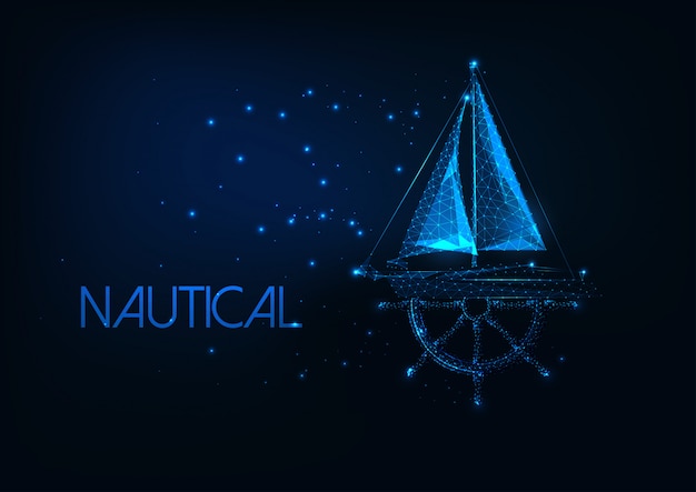 Futuristic nautical concept with glowing low poly yacht boat and ship wheel on dark blue background.