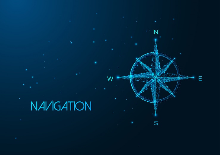 वेक्टर futuristic navigation concept with glowing low polygonal compass rose