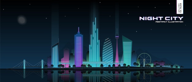 Футуристическая неоновая иллюстрация городского пейзажа. современная ночная панорама города с отраженного света на воде. городской горизонт с городскими небоскребами, пылающими офисными зданиями, парком.