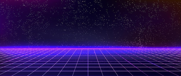 Futuristic neon cyber background with laser lines and starry sky. Digital retro banner in 80s style for design decoration