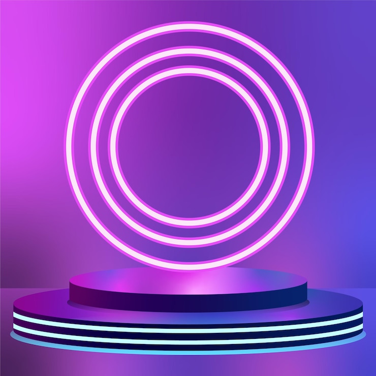Vector futuristic neon stage with circular light rings